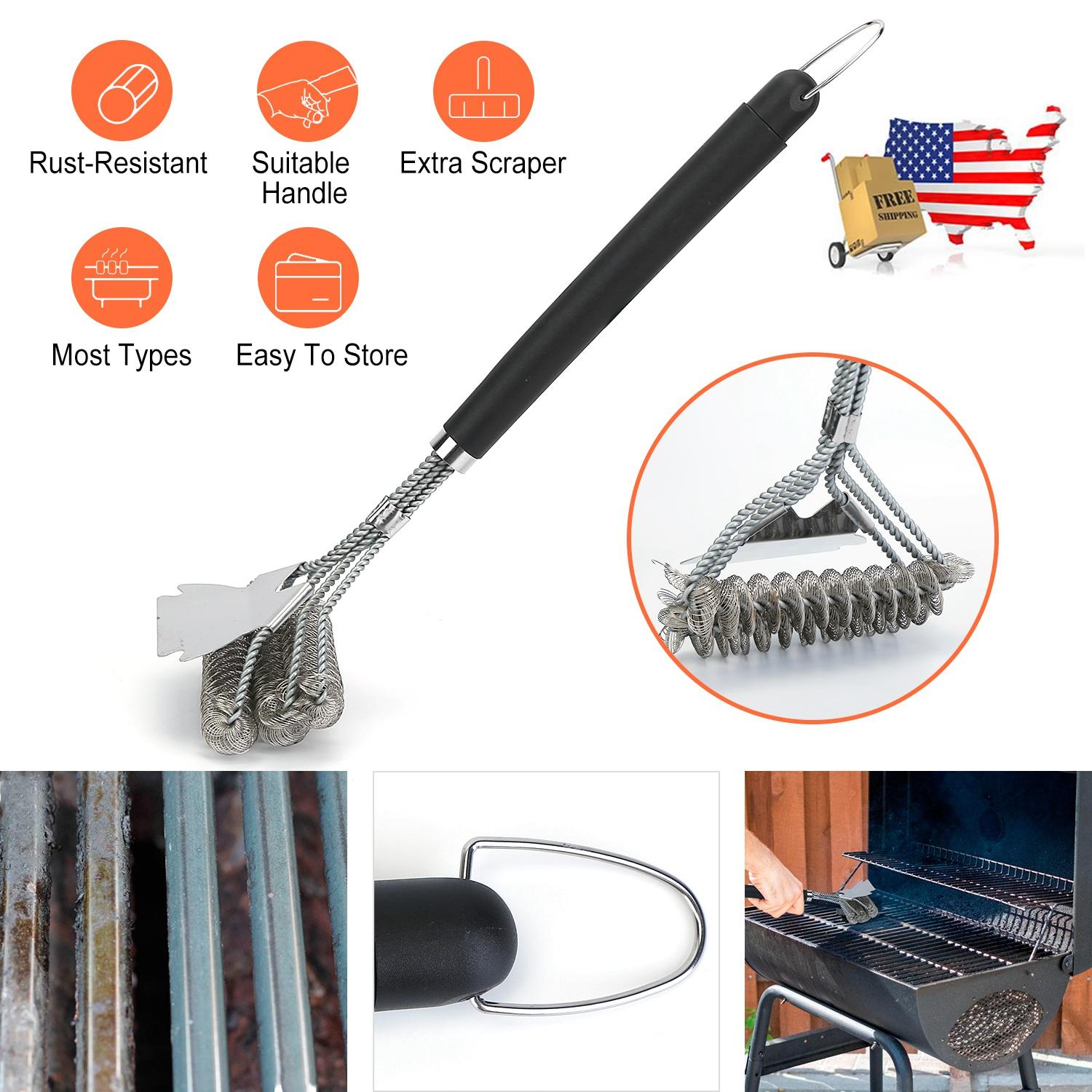 BBQ Grill Cleaning Brush Stainless Steel Barbecue Cleaner Scraper 16.5in Handle Stiff Wire Bristles For Grill Cooking Grates thumbnail 2