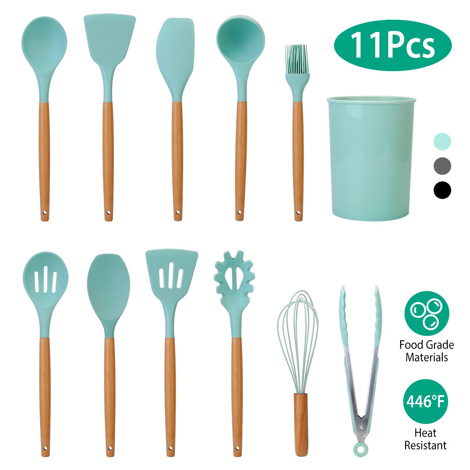 11Pcs Silicone Cooking Utensil Set Heat Resist Wooden Handle Silicone Spatula Turner Ladle Spaghetti Server Tongs Spoon Egg Whish Kitchenware Set w/ H thumbnail 4