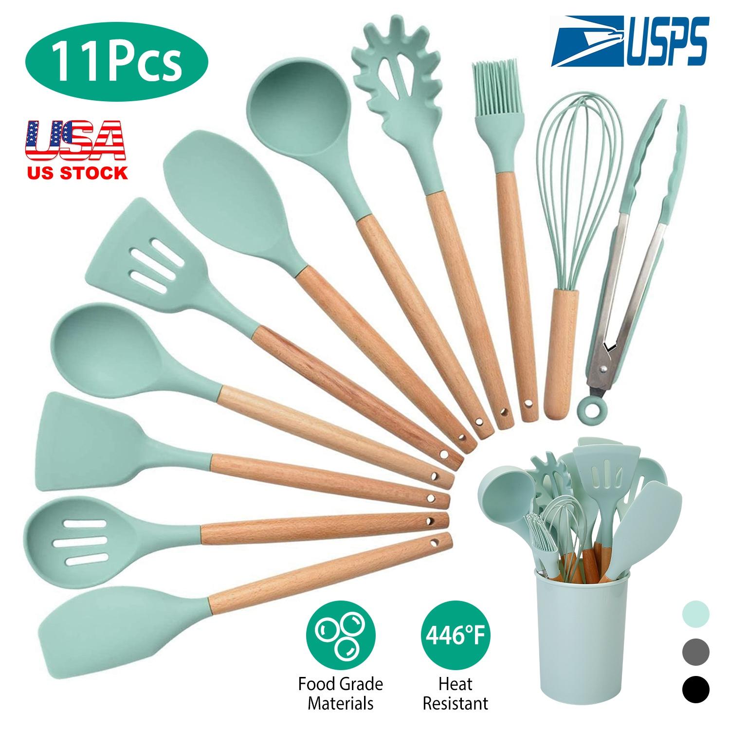 11Pcs Silicone Cooking Utensil Set Heat Resist Wooden Handle Silicone Spatula Turner Ladle Spaghetti Server Tongs Spoon Egg Whish Kitchenware Set w/ H thumbnail 2