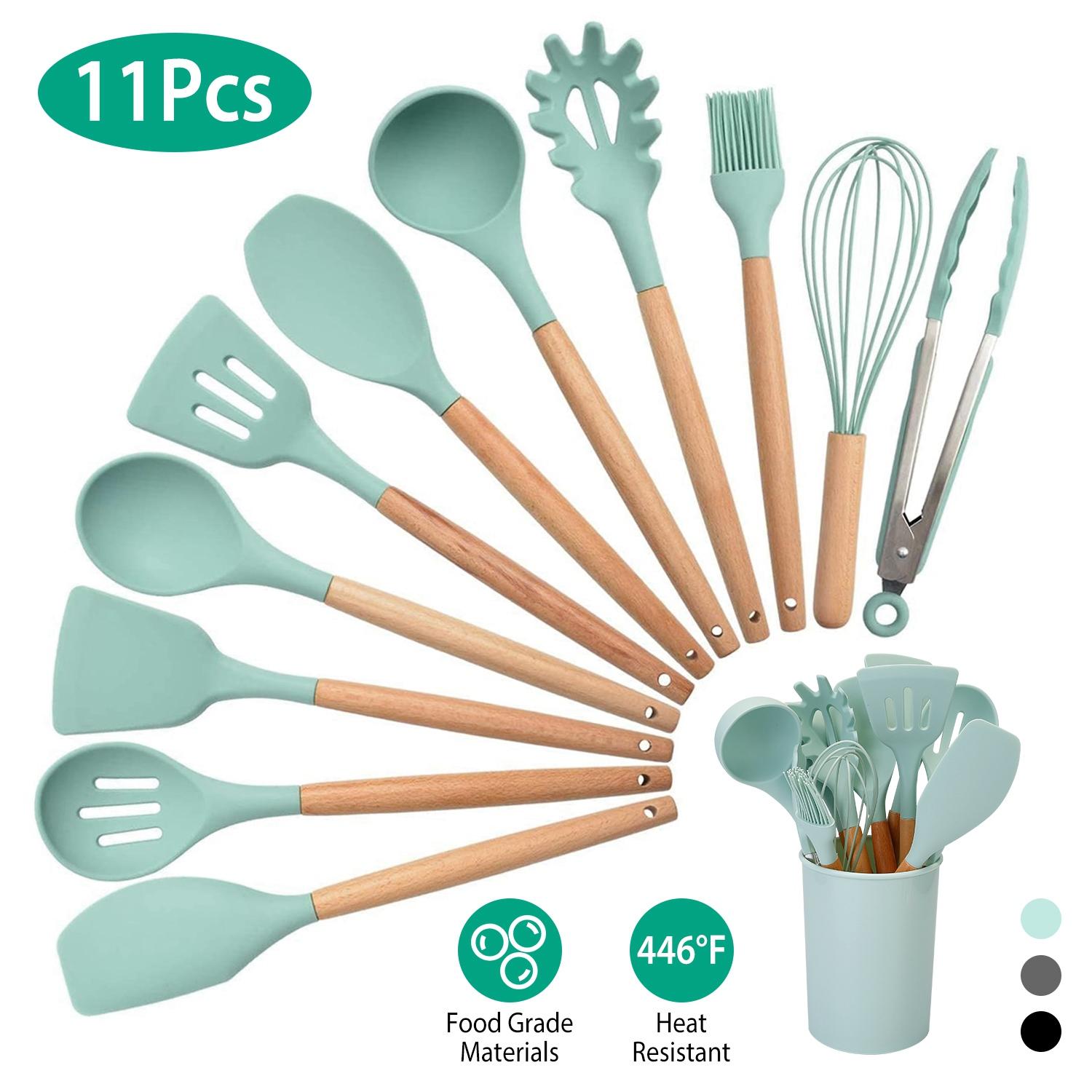 11Pcs Silicone Cooking Utensil Set Heat Resist Wooden Handle Silicone Spatula Turner Ladle Spaghetti Server Tongs Spoon Egg Whish Kitchenware Set w/ H thumbnail 3