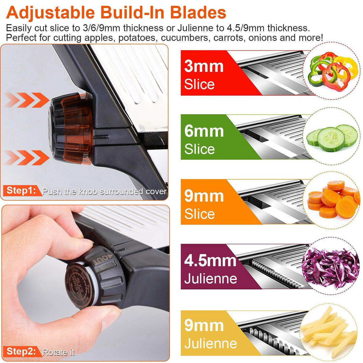Mandoline Food Slicer Stainless Steel Food Cutter Vegetable Fruit Chopper Grater Peeler Kitchen Julienne Slicer with 5 Adjustable Blades Food Holder thumbnail 2