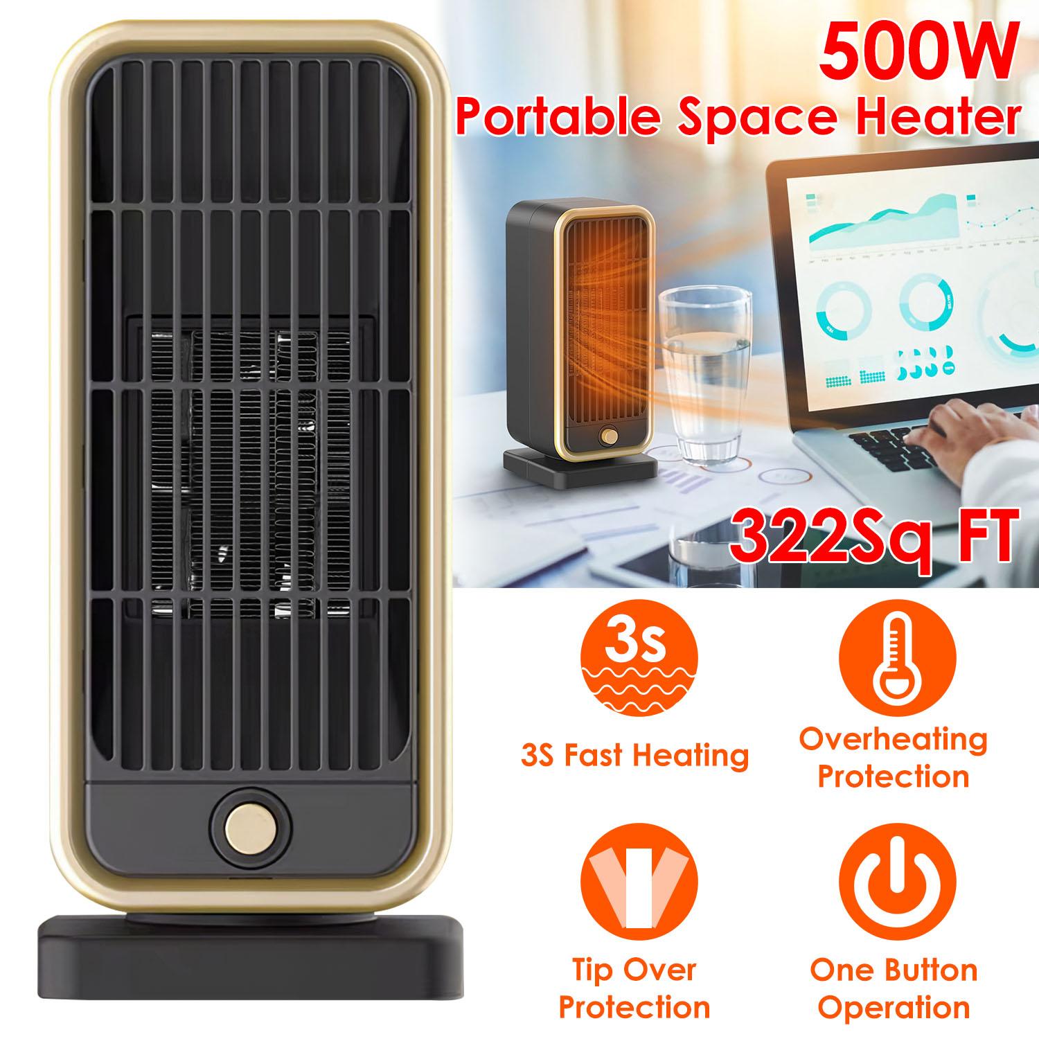 500W Portable Electric Heater PTC Ceramic Heating Space Heater Overheating Tip Over Protection 3S Heating Space For 322 Sq FT Home Office Use thumbnail 3