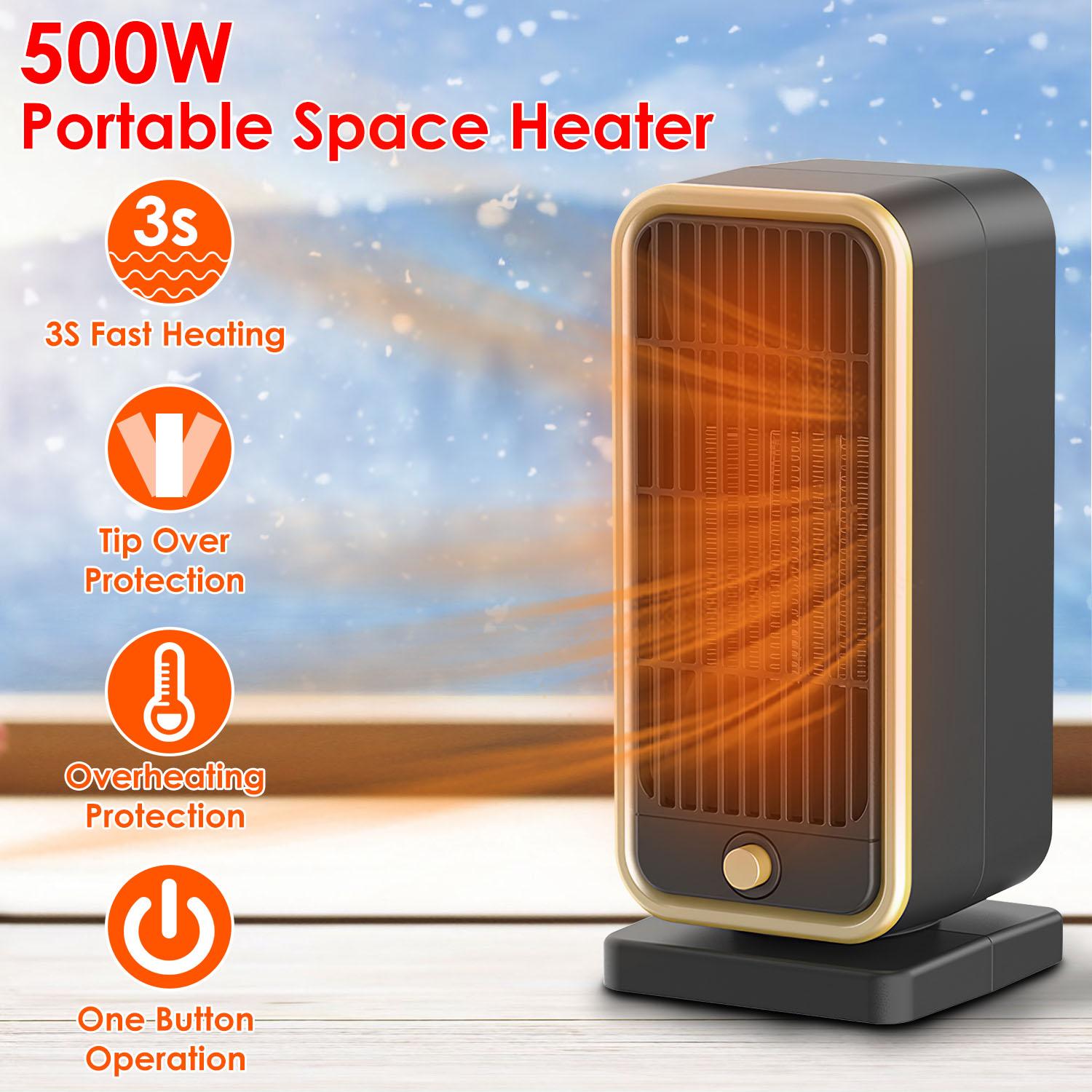 500W Portable Electric Heater PTC Ceramic Heating Space Heater Overheating Tip Over Protection 3S Heating Space For 322 Sq FT Home Office Use thumbnail 2