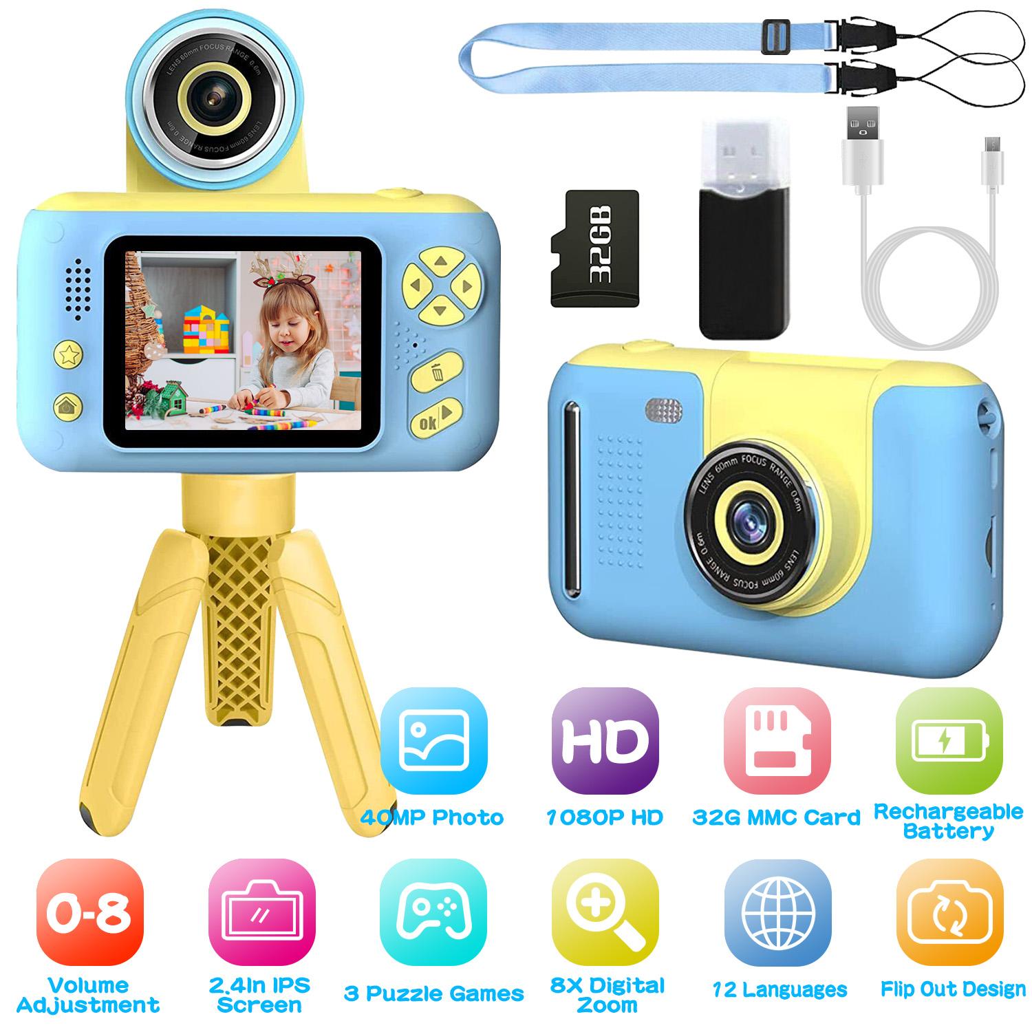 Kids Digital Camera with Flip Lens Children Video Camcorder Christmas Toy Birthday Gifts with Tripod 2.4in Screen 32G MMC Card for 3-10 Year Old Boys  thumbnail 2