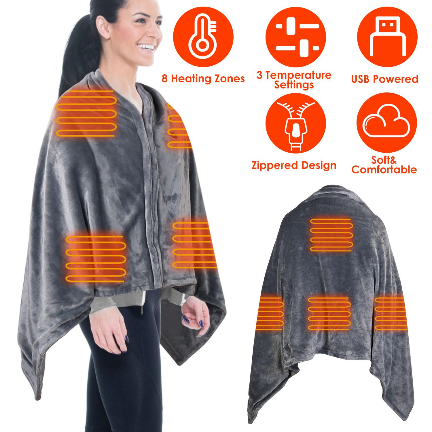 USB Heated Blanket Electric Heated Blanket Heated Poncho Shawl Wrap Throw with Zipper Washable for Home Office 59*31in thumbnail 3