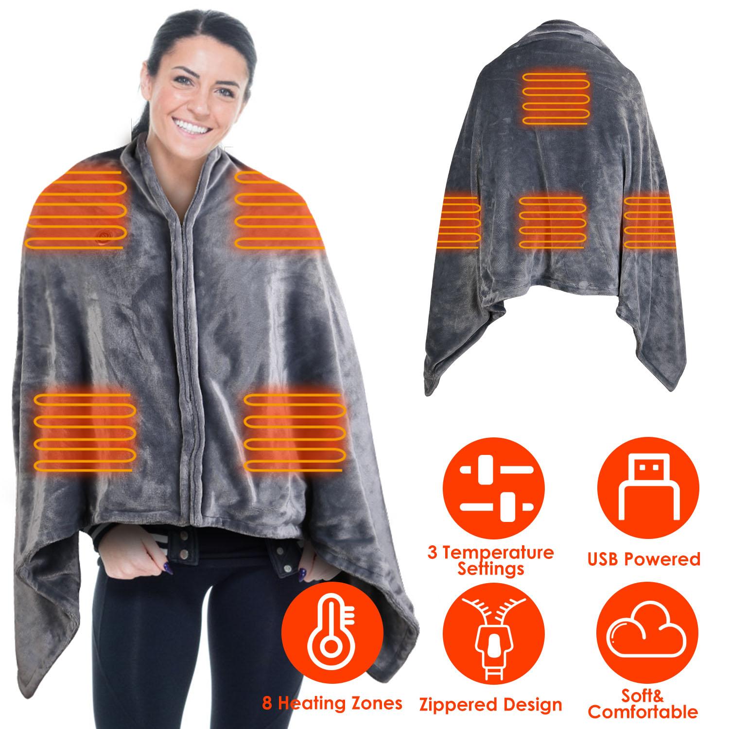 USB Heated Blanket Electric Heated Blanket Heated Poncho Shawl Wrap Throw with Zipper Washable for Home Office 59*31in thumbnail 2