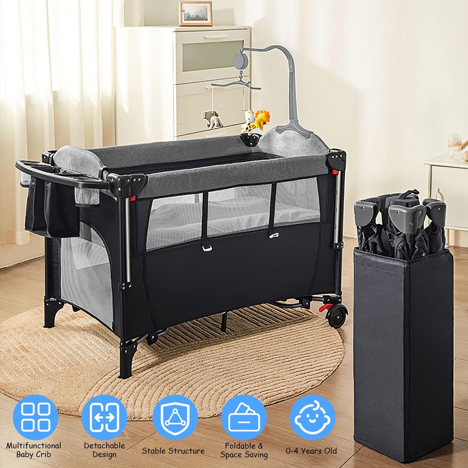 6 In 1 Foldable Baby Crib with Activity Center Diaper Changing Table Mosquito Net Mattress Music Box Toys Storage Tray Baby Bassinet Baby Sleeper thumbnail 2