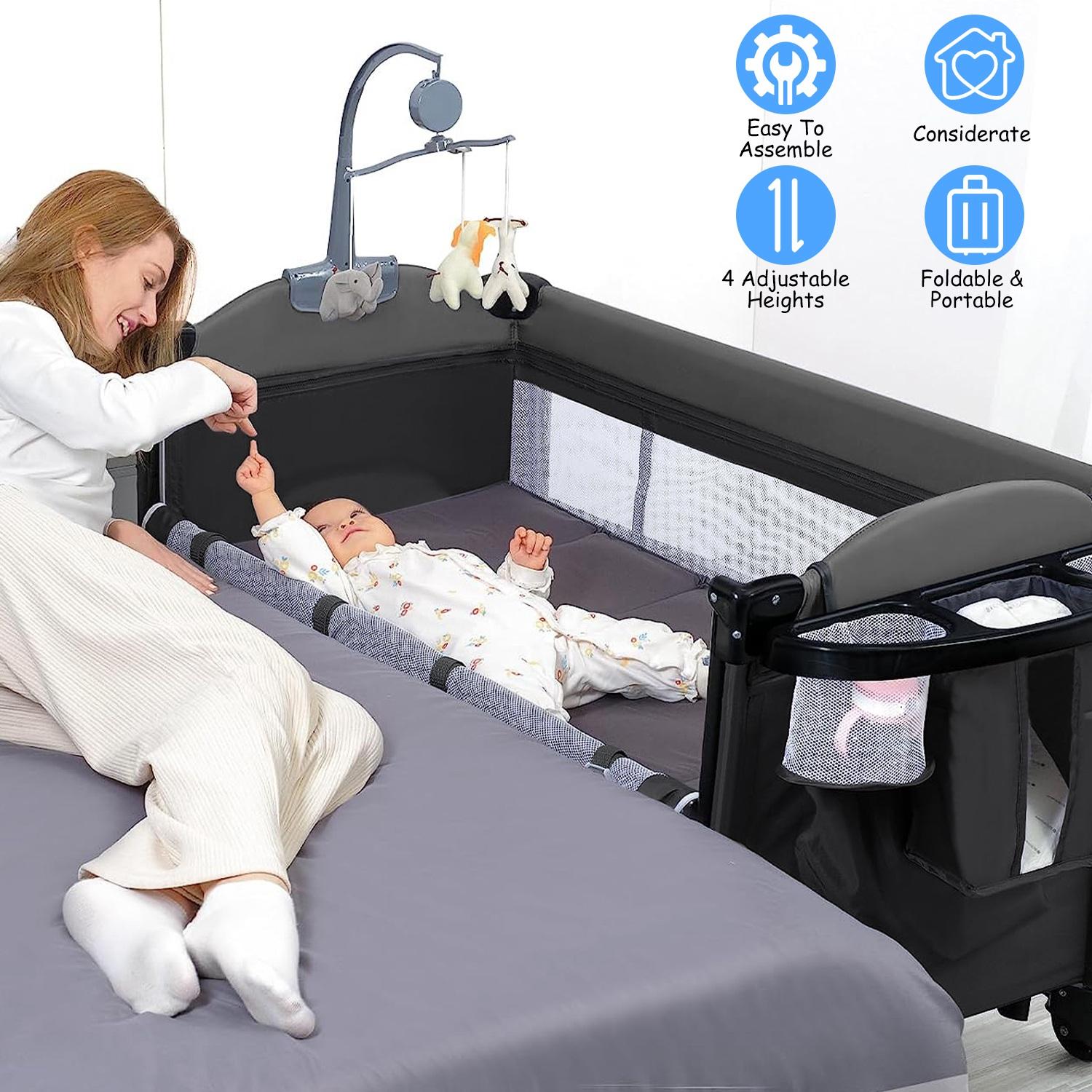6 In 1 Foldable Baby Crib with Activity Center Diaper Changing Table Mosquito Net Mattress Music Box Toys Storage Tray Baby Bassinet Baby Sleeper thumbnail 3