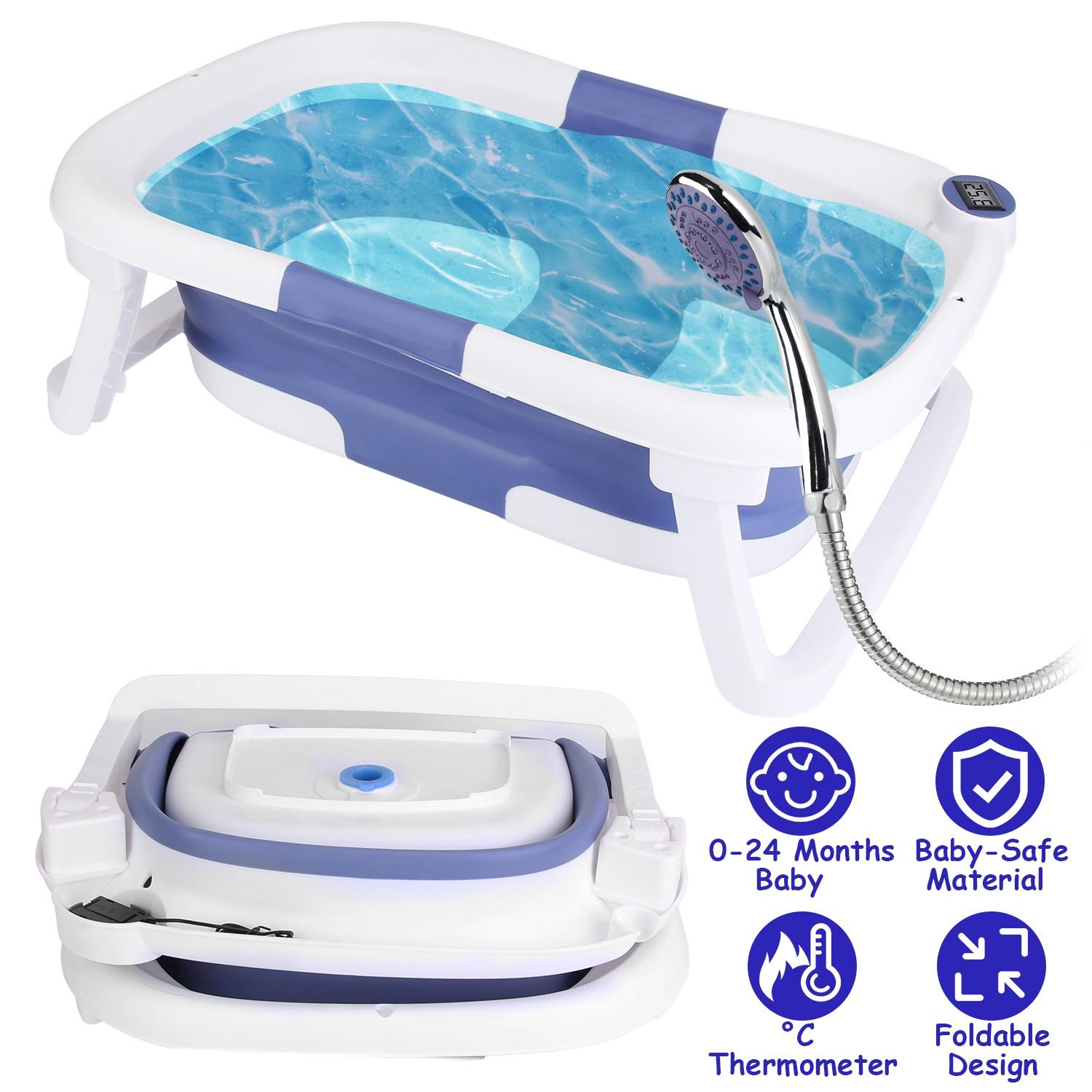 Baby Bath Tub with Thermometer Collapsible Travel-Friendly 0-24Months Baby Bathtub with Drain Hole For Newborn Infant Toddler Odorless Non-Toxic Folda thumbnail 2