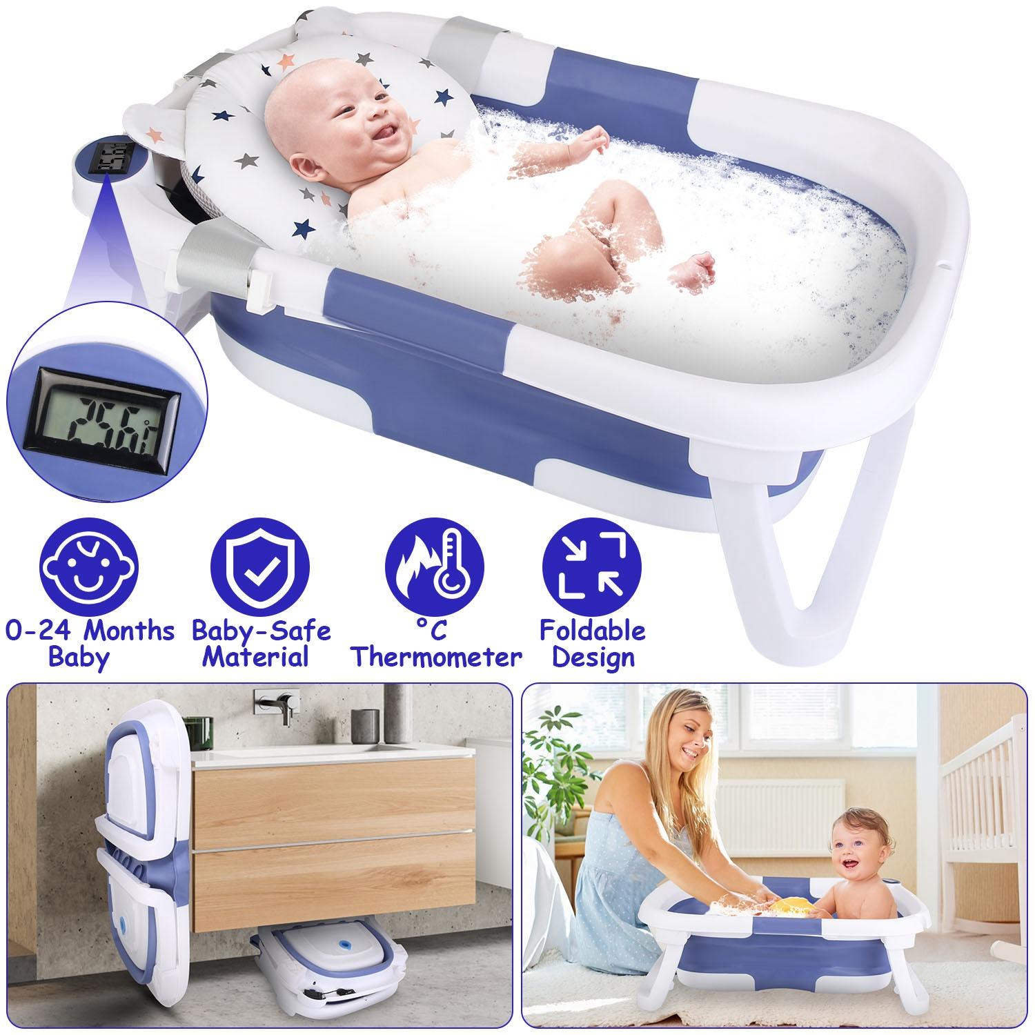 Baby Bath Tub with Thermometer Collapsible Travel-Friendly 0-24Months Baby Bathtub with Drain Hole For Newborn Infant Toddler Odorless Non-Toxic Folda thumbnail 4