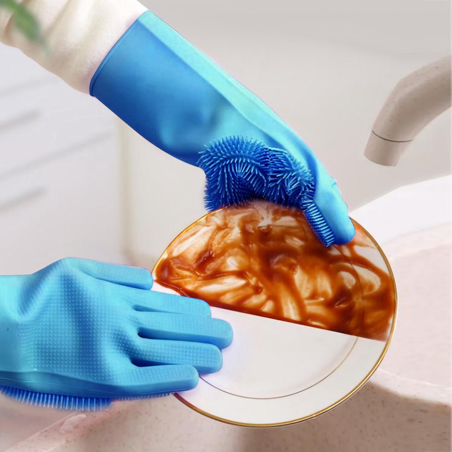 1 Pair Magic Silicone Brush Dishwashing Gloves Cleaning Sponge Pet Scrubber Heat Resistant Wash Gloves thumbnail 2