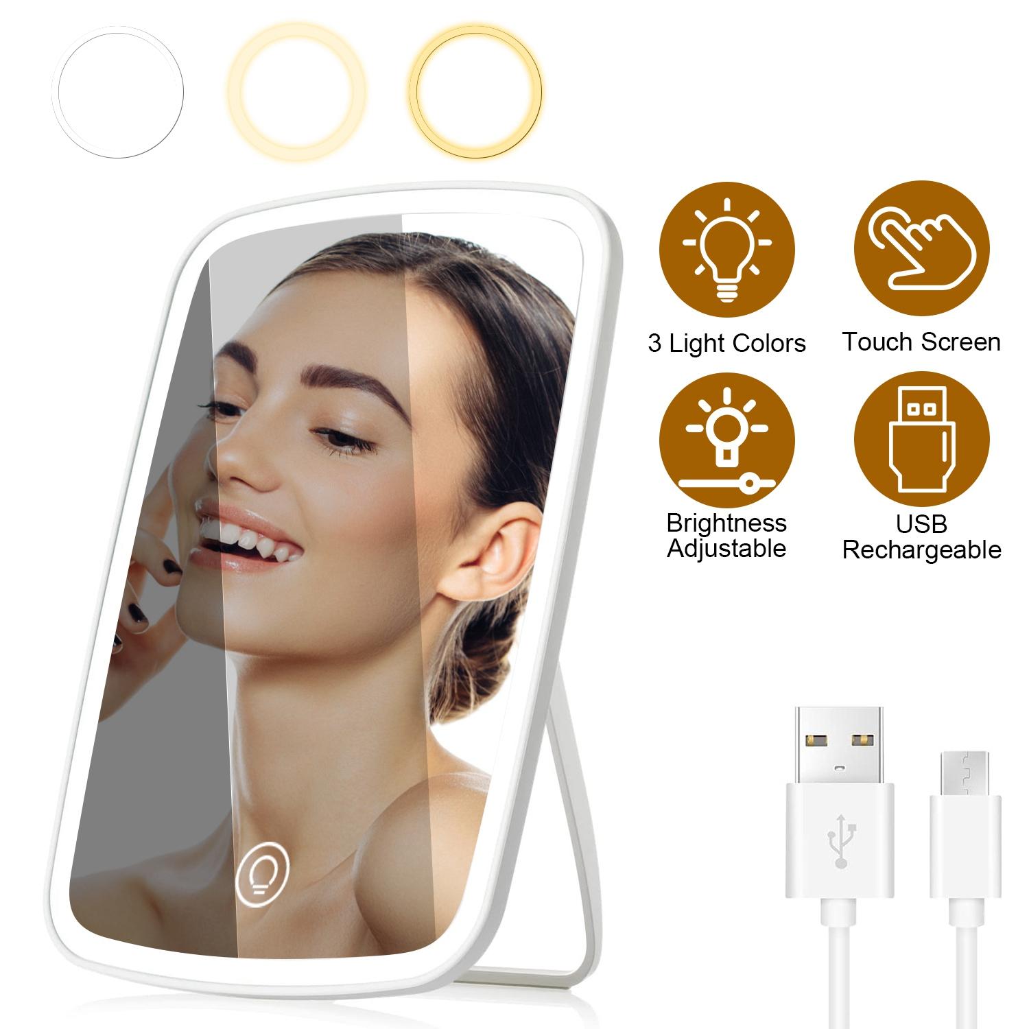 5.98x8.62in Lighted Makeup Mirror Vanity Desk Mirror Small LED Mirror with 3 Light Colors Touch Screen Brightness Adjustable USB Rechargeable thumbnail 2