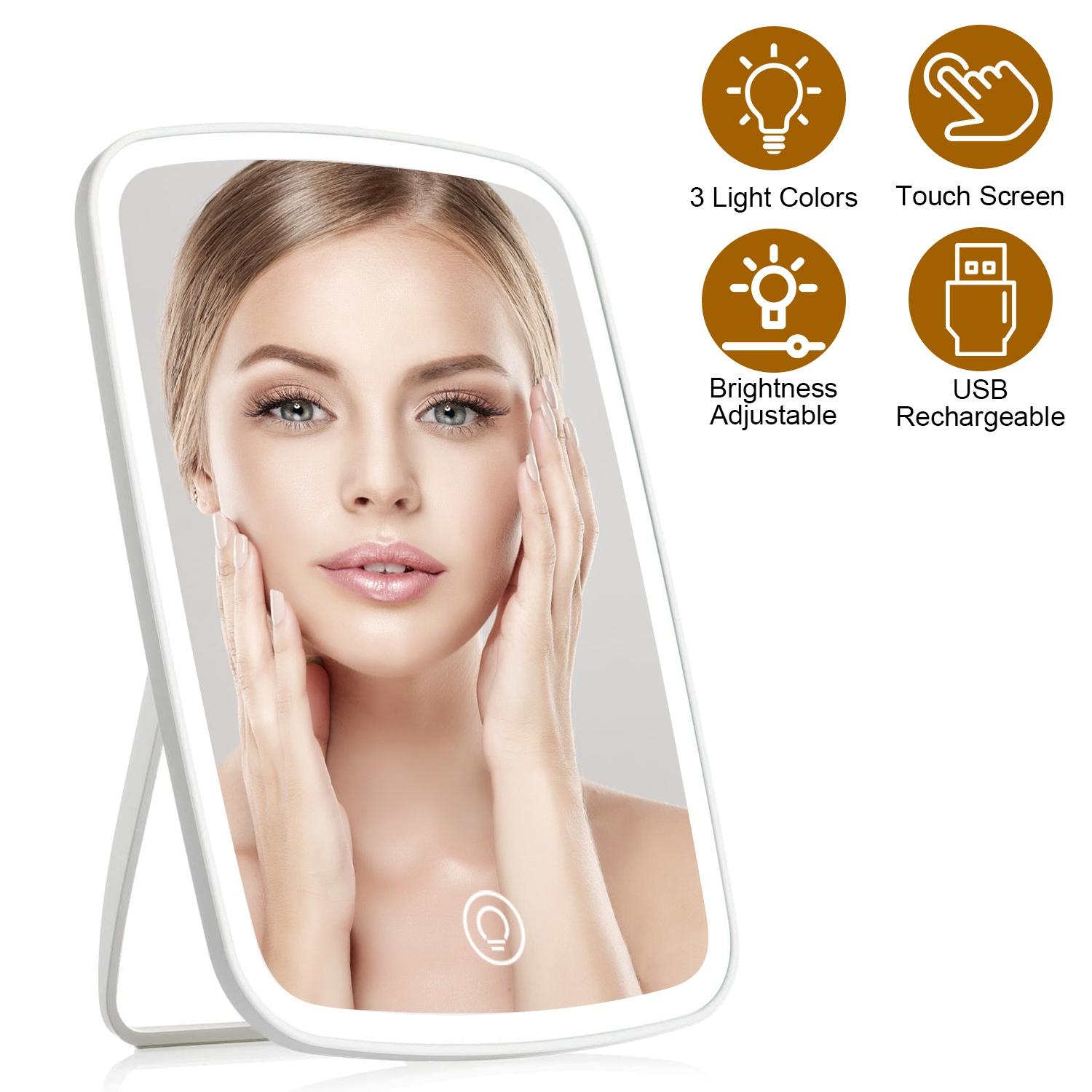 5.98x8.62in Lighted Makeup Mirror Vanity Desk Mirror Small LED Mirror with 3 Light Colors Touch Screen Brightness Adjustable USB Rechargeable thumbnail 4