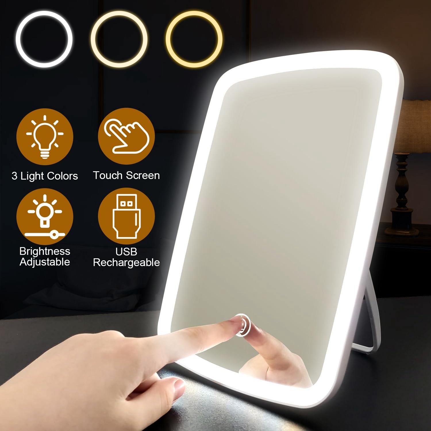 5.98x8.62in Lighted Makeup Mirror Vanity Desk Mirror Small LED Mirror with 3 Light Colors Touch Screen Brightness Adjustable USB Rechargeable thumbnail 3