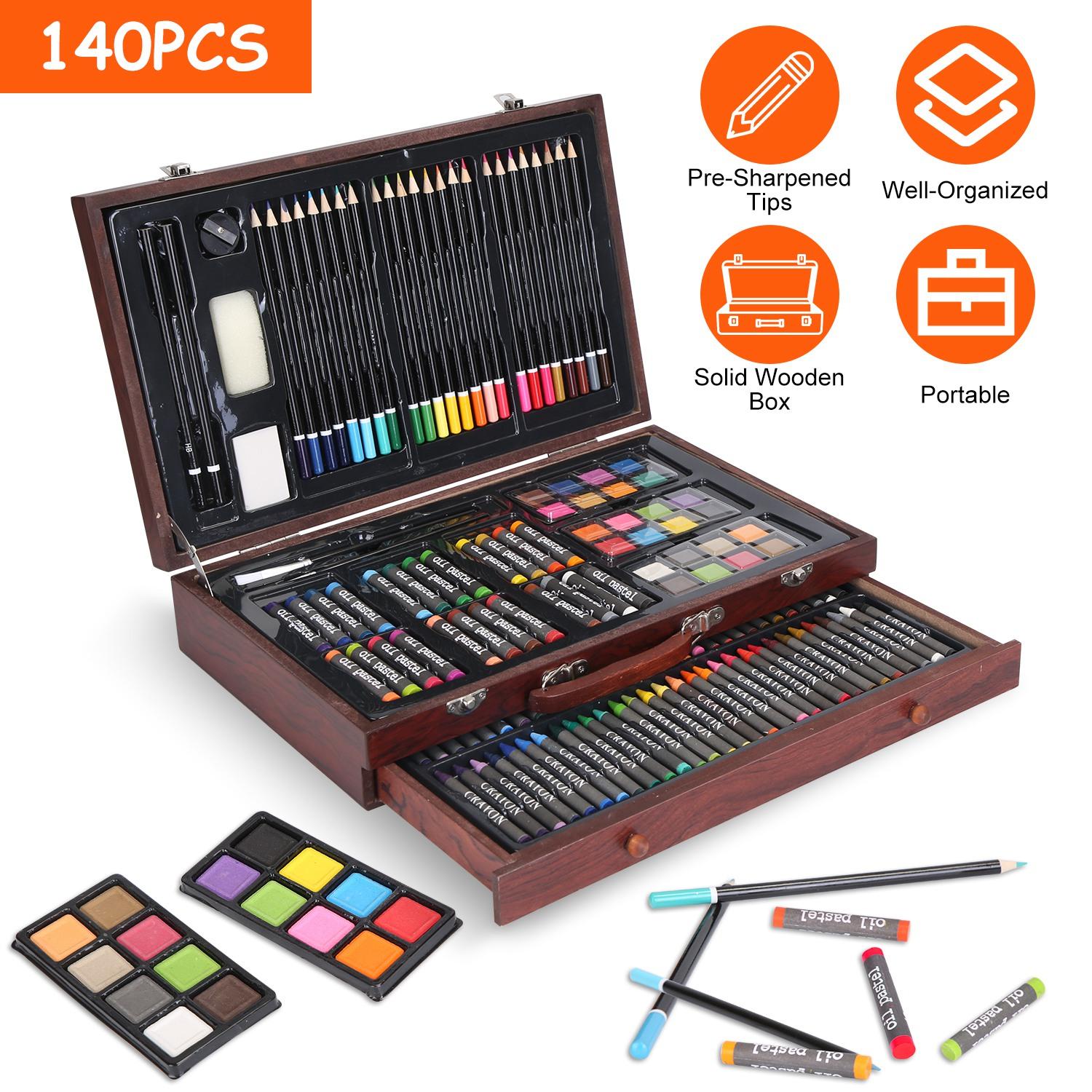 140Pcs Art Supplies With Colored Pencils Oil Pastels Crayons, Watercolor Cakes Brushes Sharpener Eraser In Elegant Wooden Box Professional Art Kit For thumbnail 2