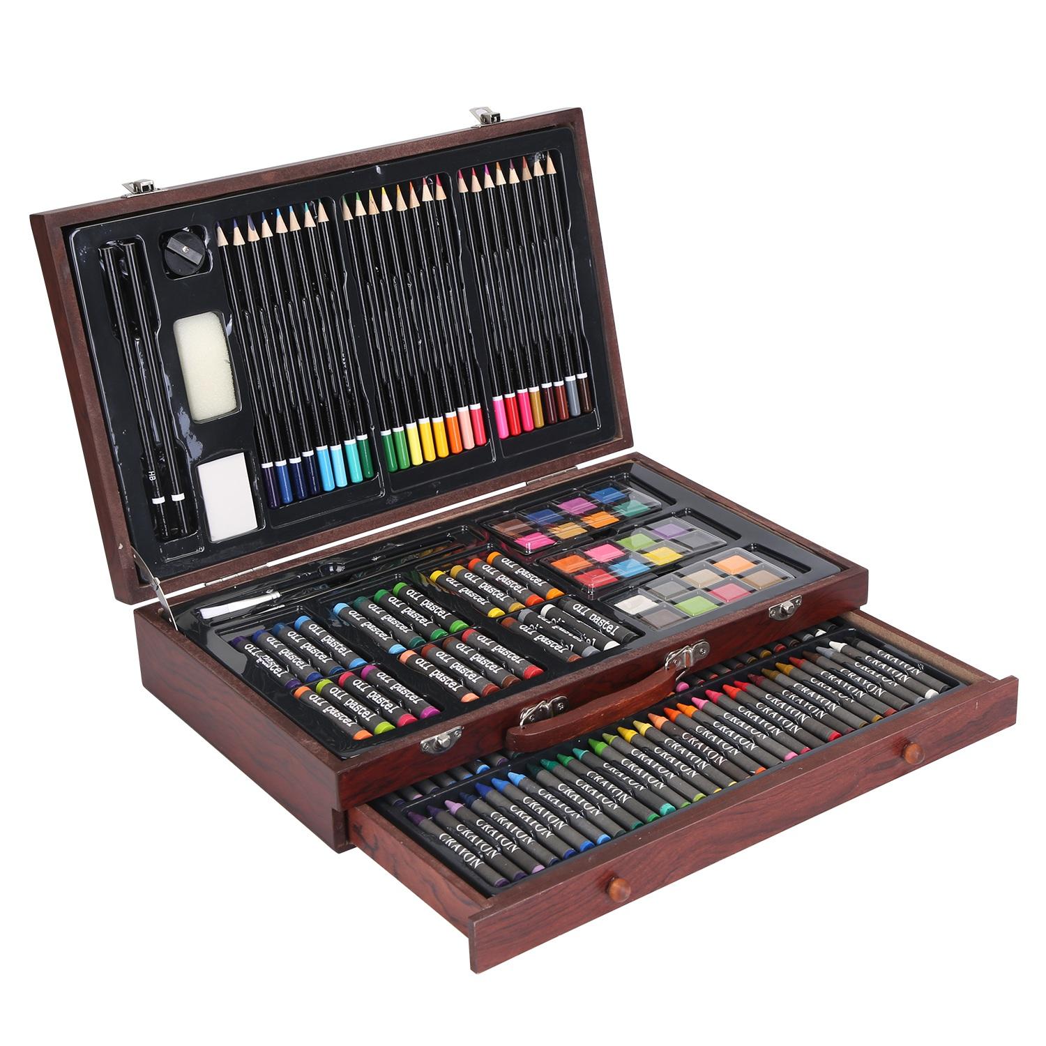 140Pcs Art Supplies With Colored Pencils Oil Pastels Crayons, Watercolor Cakes Brushes Sharpener Eraser In Elegant Wooden Box Professional Art Kit For thumbnail 1