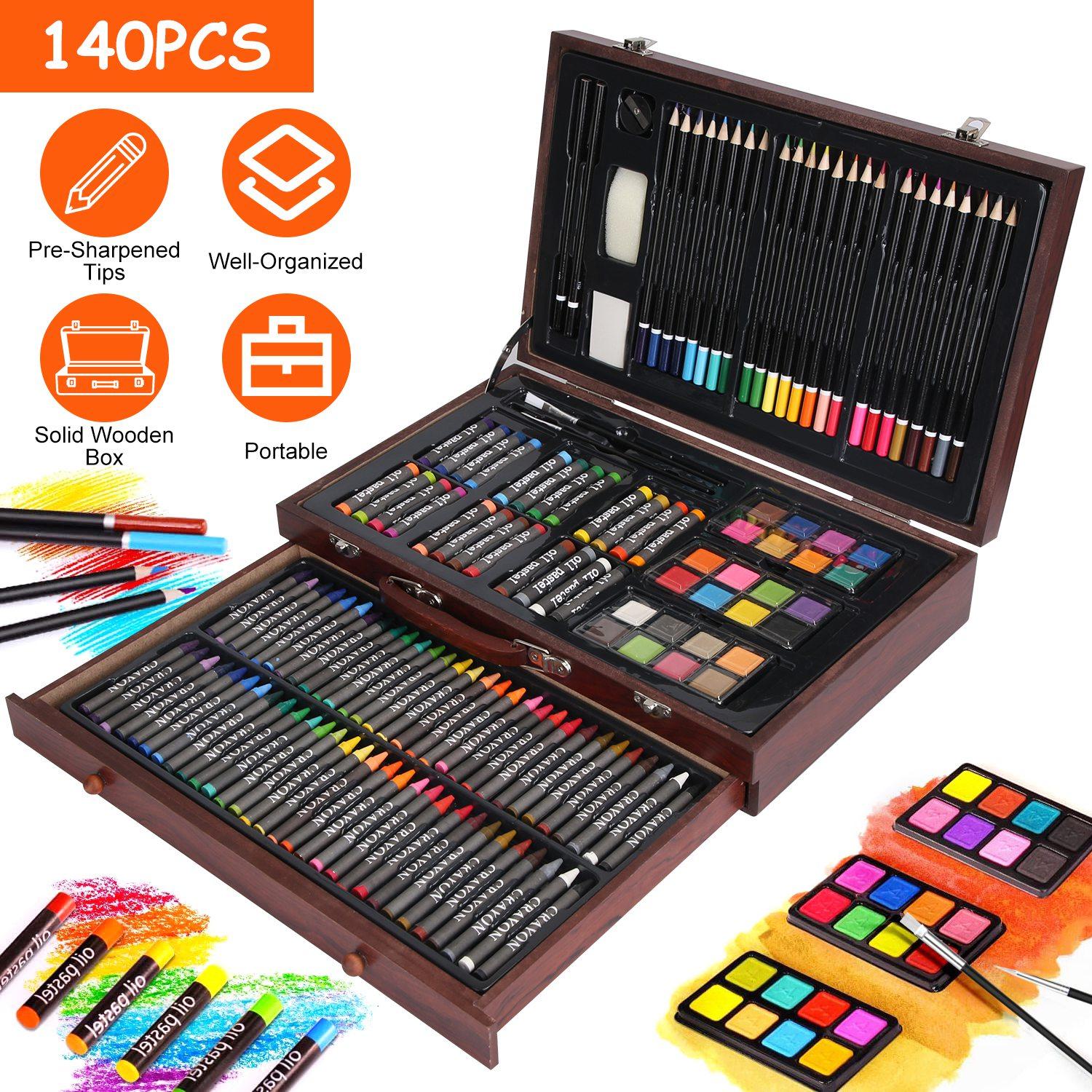 140Pcs Art Supplies With Colored Pencils Oil Pastels Crayons, Watercolor Cakes Brushes Sharpener Eraser In Elegant Wooden Box Professional Art Kit For thumbnail 3