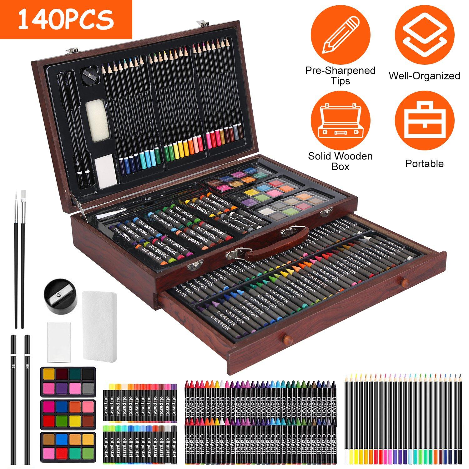 140Pcs Art Supplies With Colored Pencils Oil Pastels Crayons, Watercolor Cakes Brushes Sharpener Eraser In Elegant Wooden Box Professional Art Kit For thumbnail 4