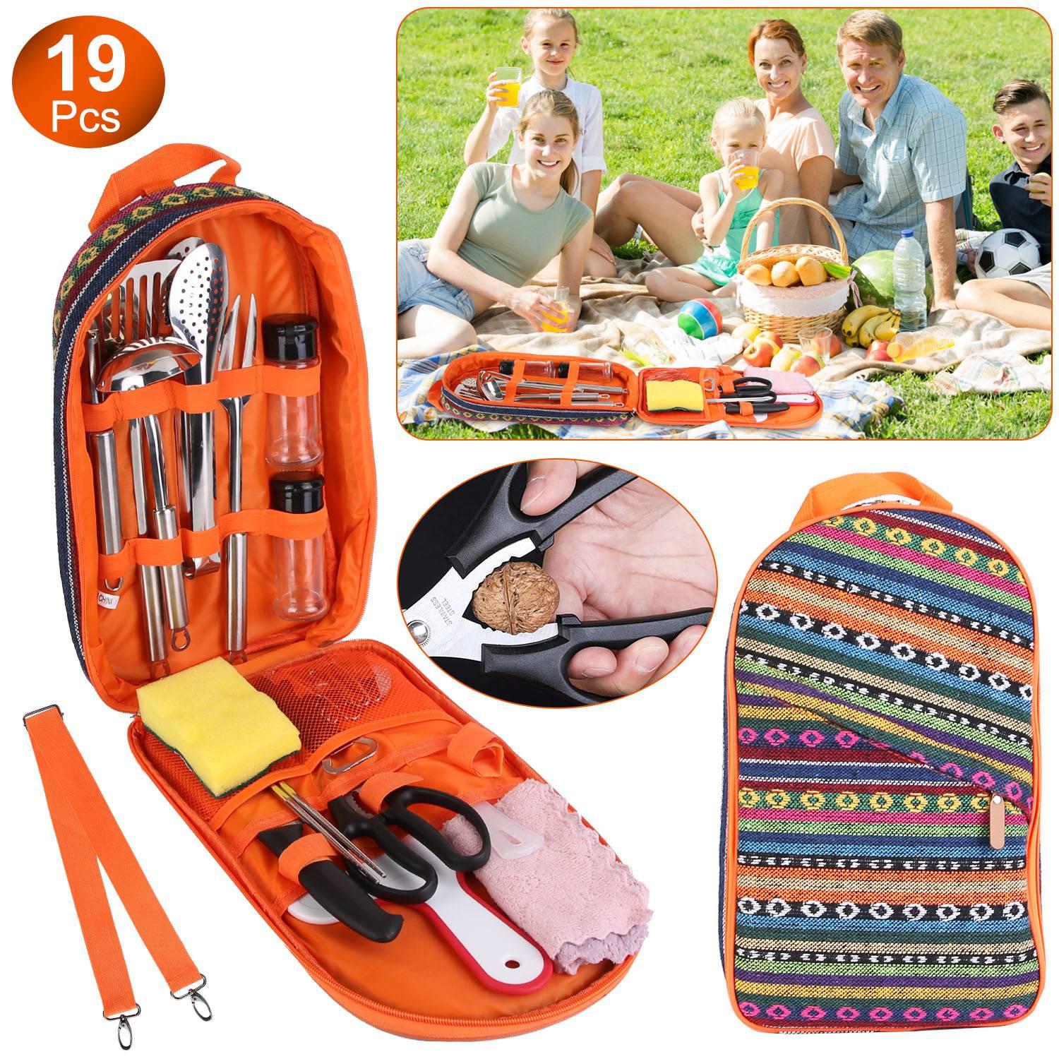 19Pcs Camping Cooking Utensil Kit Portable Picnic Cookware Outdoor Kitchen Equipment Gear Campfire Barbecue Appliances with Storage Bag thumbnail 2