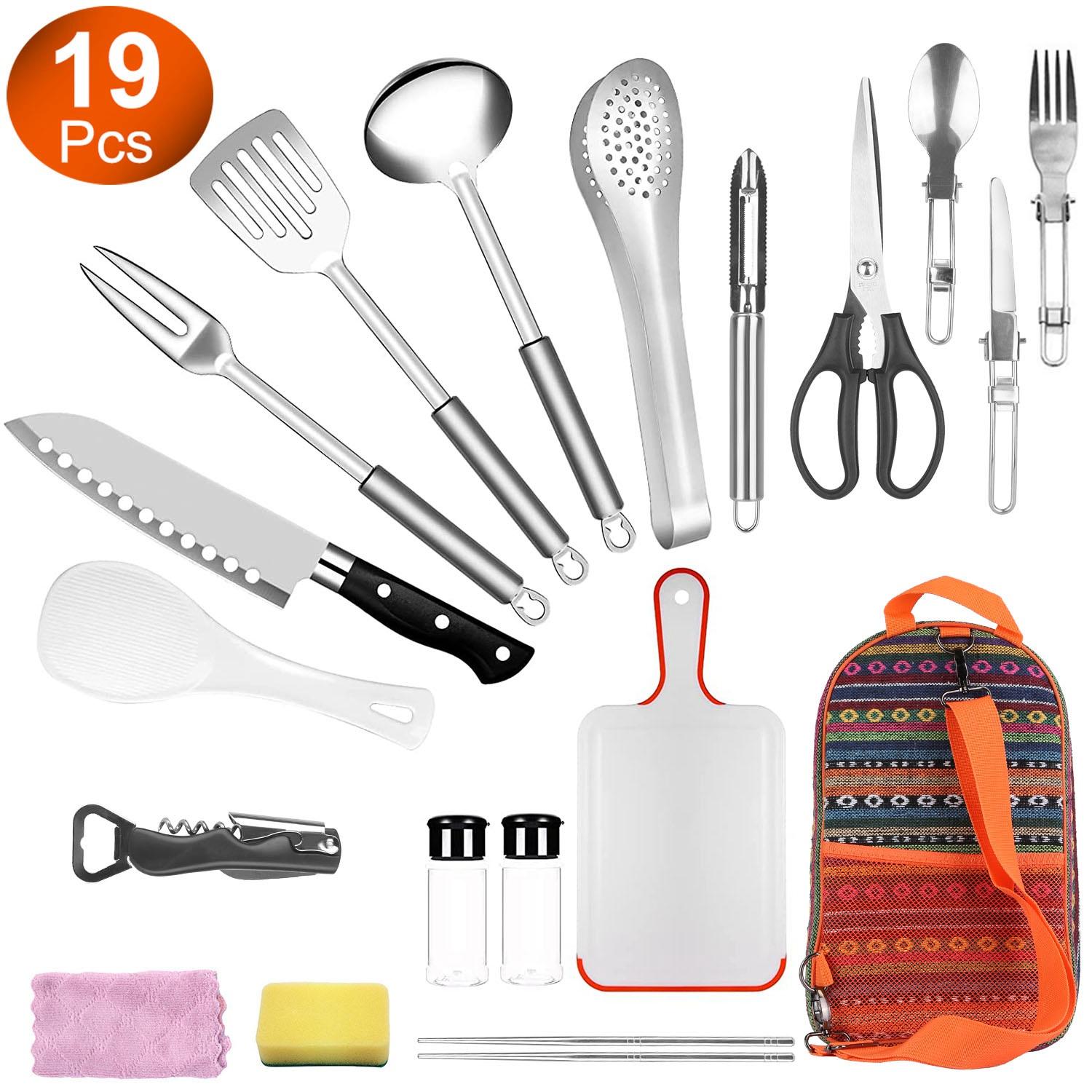 19Pcs Camping Cooking Utensil Kit Portable Picnic Cookware Outdoor Kitchen Equipment Gear Campfire Barbecue Appliances with Storage Bag thumbnail 4