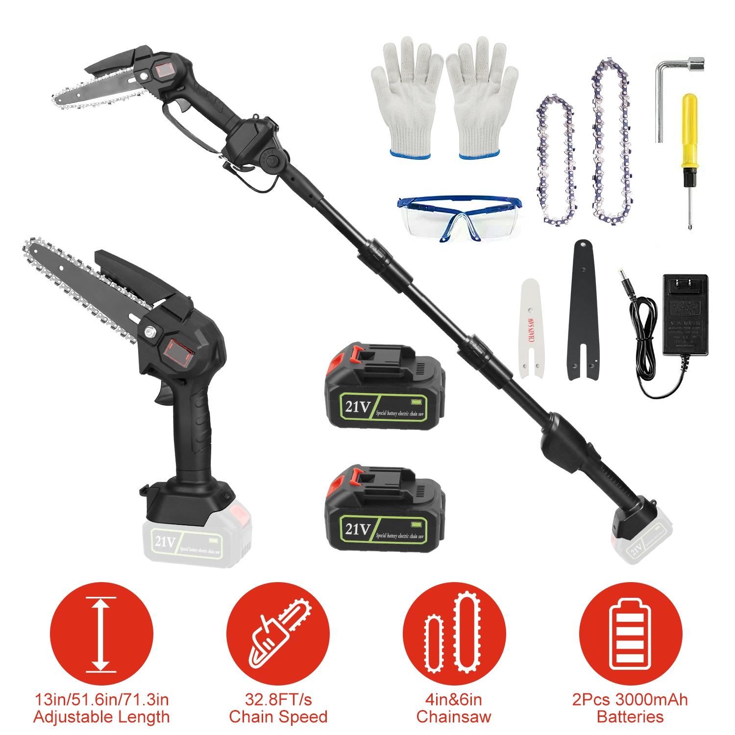 2-in-1 Cordless Pole Saw & Mini Chainsaw Electric Mini Chainsaw Length Adjustable Cordless Chain Saw with 2Pcs 3000mAh Batteries 4in/6in Chains for Tr thumbnail 4
