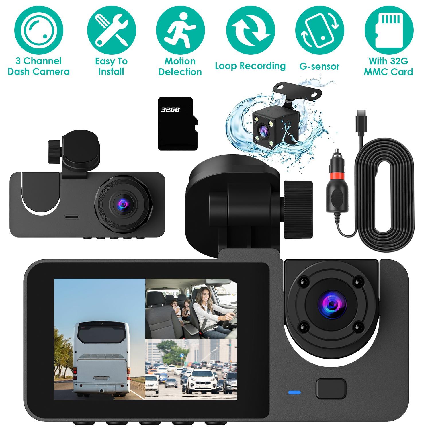3 Channel Dash Cam Front Inside Rear Vehicle Driving Recorder Car DVR with 32G MMC Card G Sensor Motion Detection Parking Monitor Loop Recording thumbnail 4