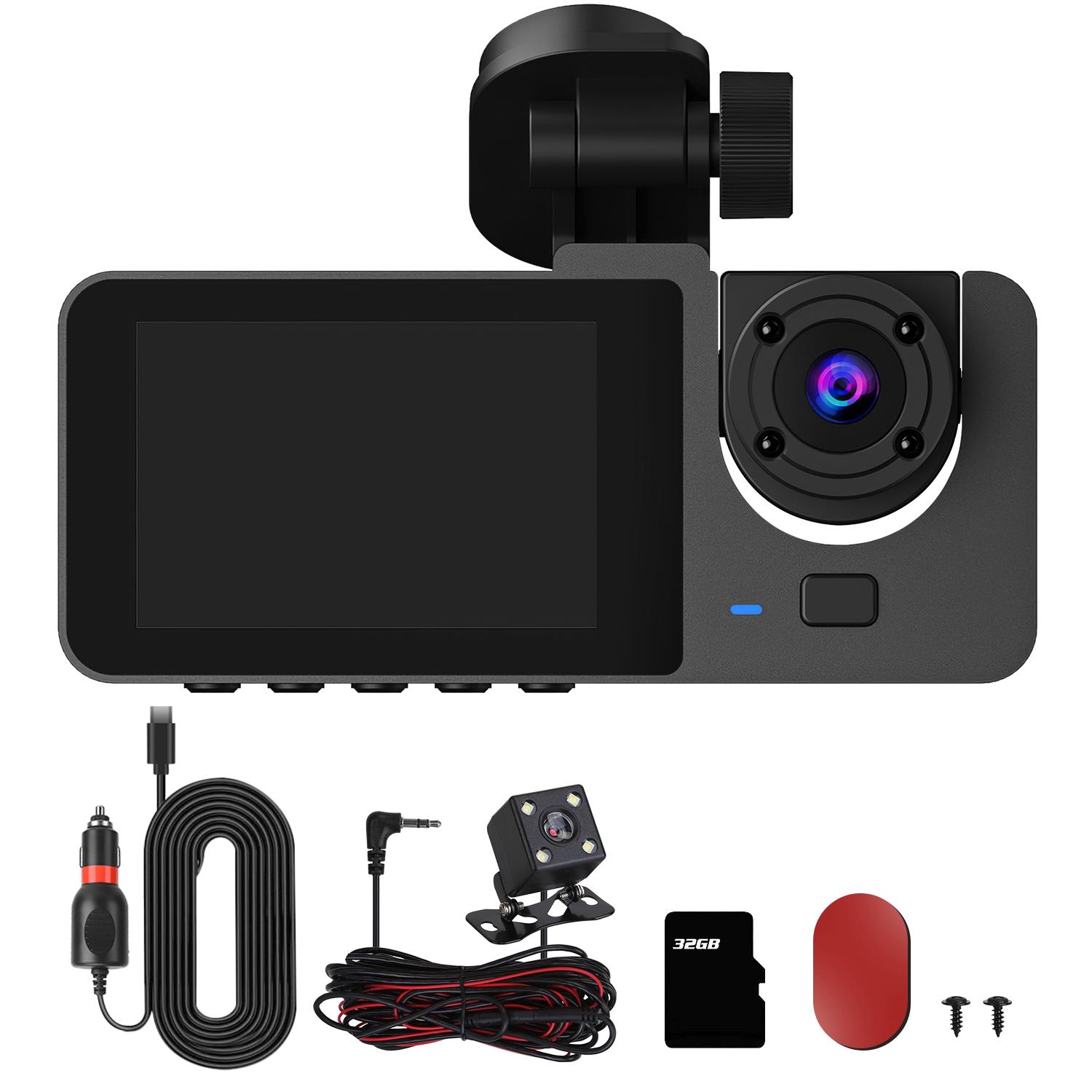 3 Channel Dash Cam Front Inside Rear Vehicle Driving Recorder Car DVR with 32G MMC Card G Sensor Motion Detection Parking Monitor Loop Recording thumbnail 1