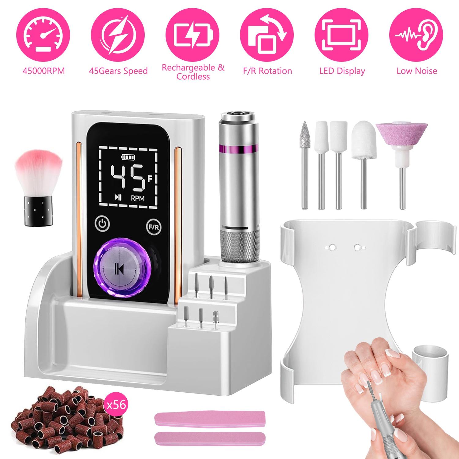 Portable Electric Nail Drill Bit 45000 RPM With 11 Bits Base Waist Clip Cordless Rechargeable Nail File Machine For Professional Salon Home Acrylic Na thumbnail 3