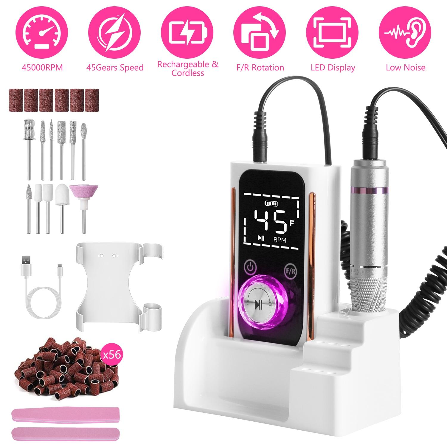 Portable Electric Nail Drill Bit 45000 RPM With 11 Bits Base Waist Clip Cordless Rechargeable Nail File Machine For Professional Salon Home Acrylic Na thumbnail 4